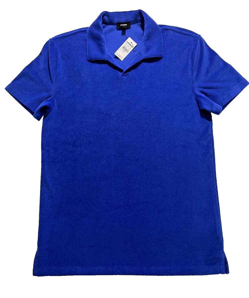 New Express Unisex Womens Mens XS Royal Blue Terry Cloth Polo Shirt Cotton Blend
